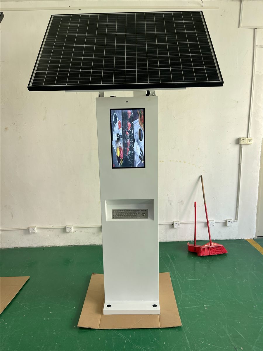 Assembled solar kiosk with 22-inch touch display and metal keyboard