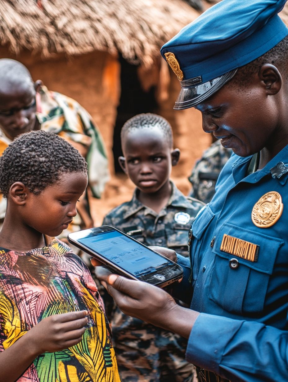 Police officer using a tablet with community members